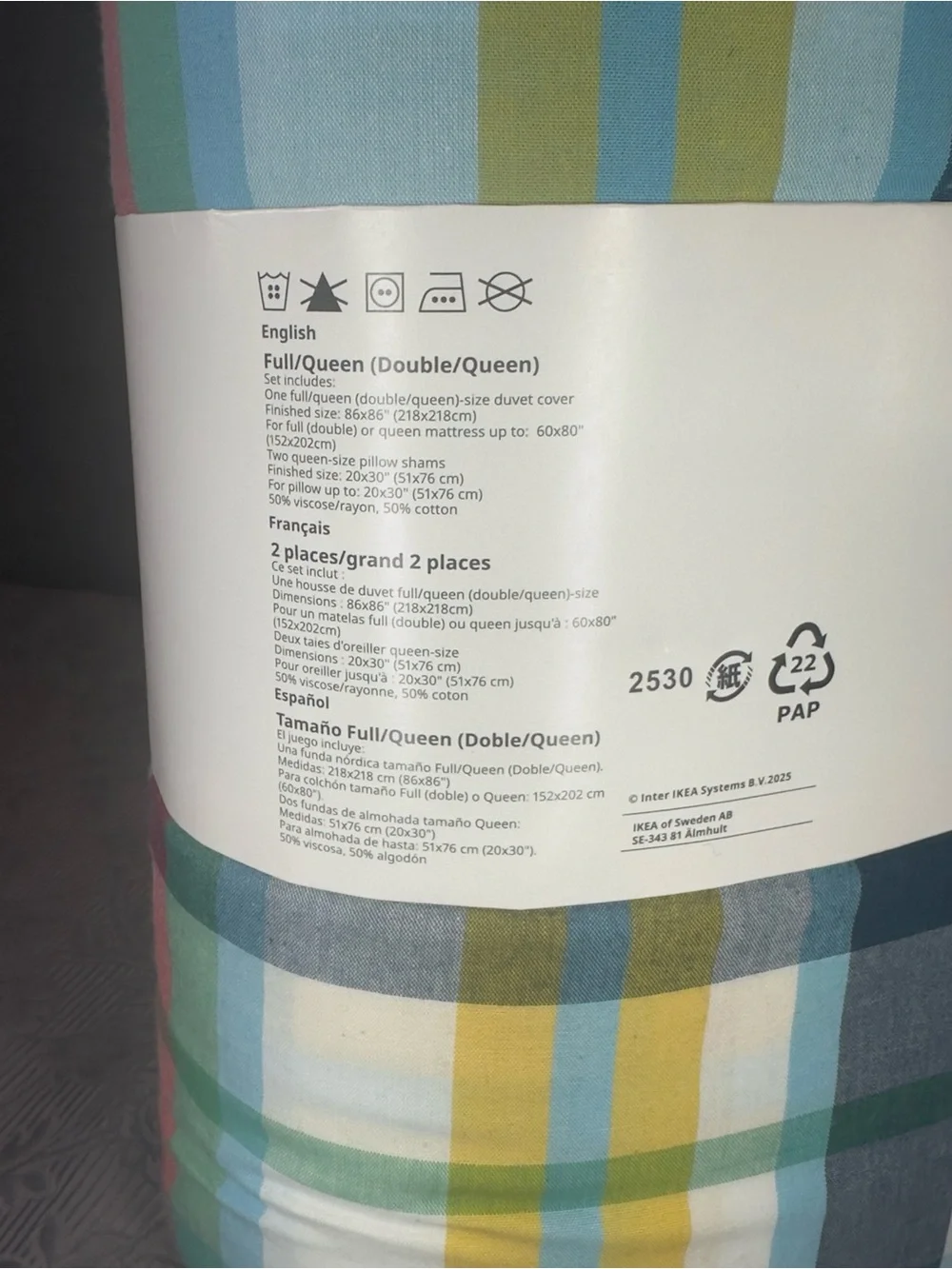 Ikea HOSTGENTIANA Full/Queen Duvet Cover w/ Pillowcases Bed Set Multicolor/Check